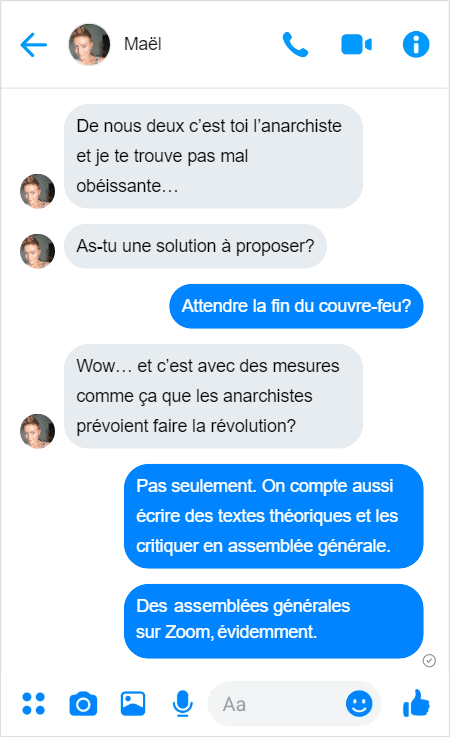 Maël — De nous deux c’est toi l’anarchiste et je te trouve pas mal obéissante… 
Maël — As-tu une solution à proposer?
Moi — Attendre la fin du couvre-feu?
Maël — Wow… et c’est avec de mesures comme ça que les anarchistes prévoient faire la révolution?
Moi — Pas seulement. On compte aussi écrire des textes théoriques et les critiquer en assemblée générale.
Moi — Des assemblées générales sur Zoom, évidemment. 