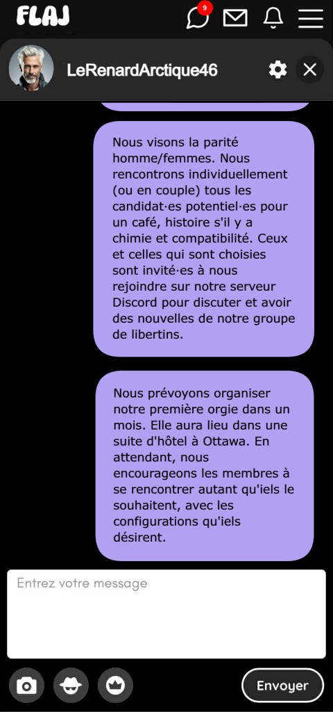 Nous visons la parité homme/femmes. Nous rencontrons individuellement (ou en couple) tous les candidat·es potentiel·es pour un café, histoire s'il y a chimie et compatibilité. Ceux et celles qui sont choisies sont invité·es à nous rejoindre sur notre serveur Discord pour discuter et avoir des nouvelles de notre groupe de libertins. Nous prévoyons organiser notre première orgie dans un mois. Elle aura lieu dans une suite d'hôtel à Ottawa. En attendant, nous encourageons les membres à se rencontrer autant qu'iels le souhaitent, avec les configurations qu'iels désirent.