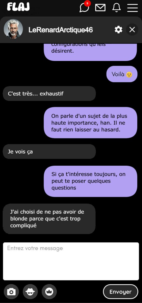 — Voilà. — C'est très... exhaustif. — On parle d'un sujet de la plus haute importance, han. Il ne faut rien laisser au hasard. — Je vois ça. — Si ça t'intéresse toujours, on peut te poser quelques questions. — J'ai choisi de ne pas avoir de blonde parce que c'est trop compliqué