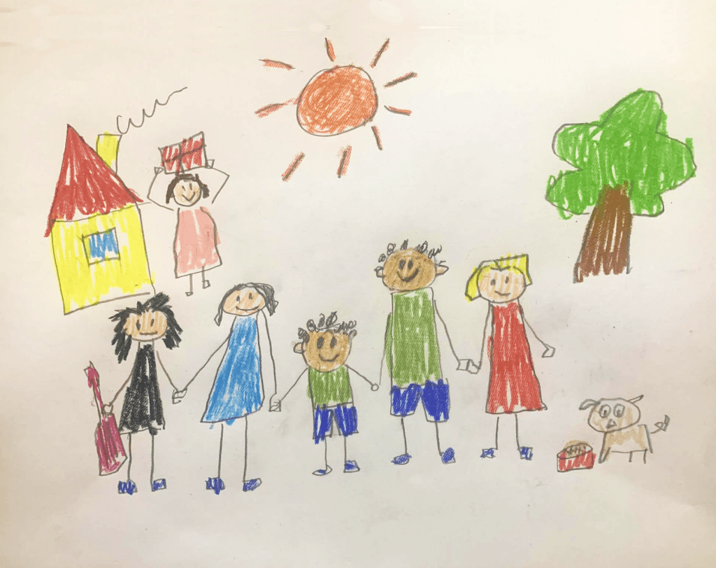 Dessin de la famille de la licorne, par Liam, son fils.